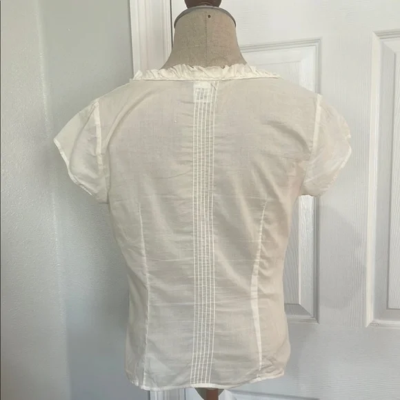Vintage White House Black market semi sheer Cream Button-Up Blouse V-neck ruffle - Picture 5 of 10